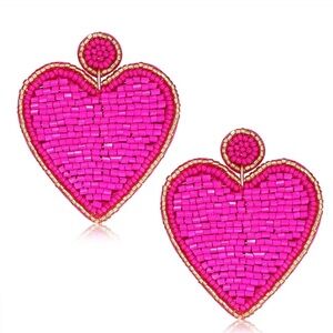 Hot Pink Beaded Heart Statement Earrings | Valentine’s Day Gold Trim Dangle